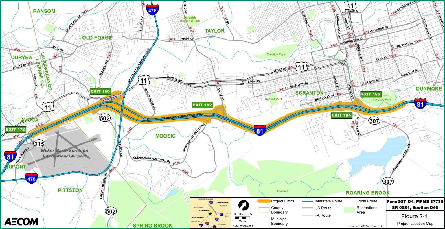 I 81 Reconstruction Project Luzerne Lackawanna Metropolitan Planning I 81 Avoca To Scranton Virtual Plans Display Project Overview Map 